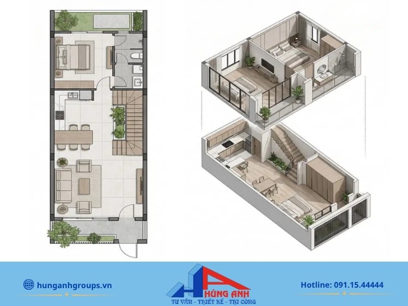Thiết kế nội thất không gian mở tối ưu hóa diện tích cho mẫu nhà ống 2 tầng 5x20m