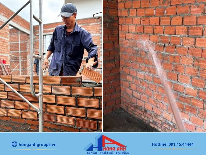 Miết mạch và tưới nước bảo dưỡng ẩm liên tục sau khi xây tường gạch 200