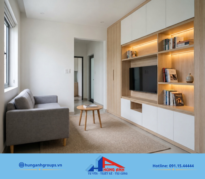 Thi công nội thất nhà cấp 4 hạng mục, chi phí và quy trình Bố trí phòng khách nhà cấp 4 ưu tiên lối đi thoáng và tận dụng tường cao để tăng sức chứa.