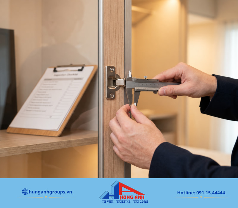 Thi công nội thất trọn gói, hạn chế phát sinh chi phí ẩn Đo kiểm độ khít khe cánh và phụ kiện ray trượt, bản lề trước khi ký biên bản bàn giao.