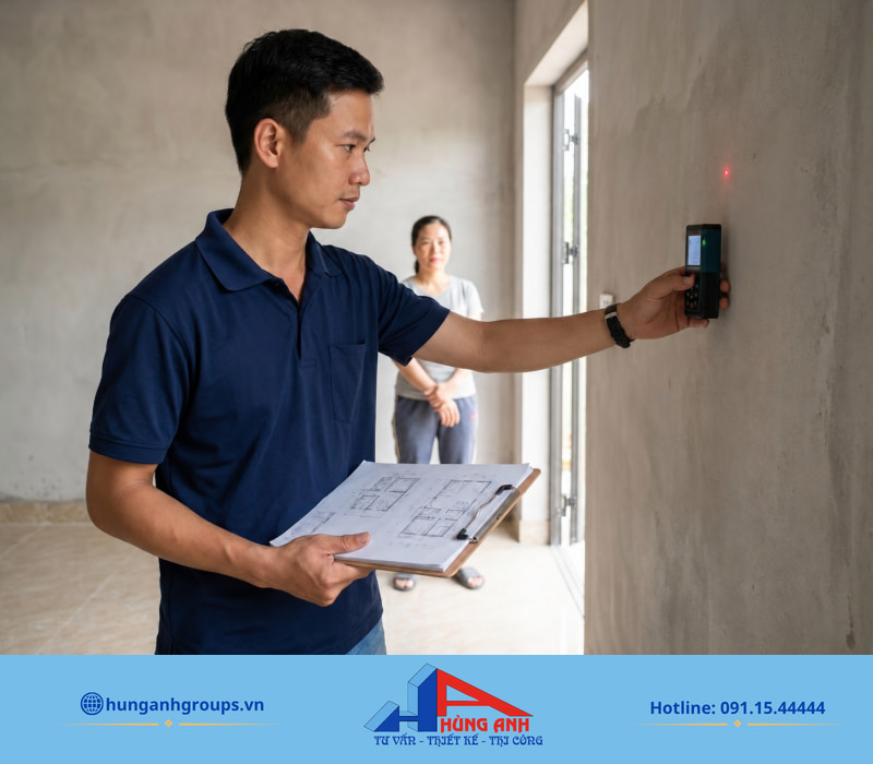 Thi công nội thất nhà cấp 4 hạng mục, chi phí và quy trình Khảo sát laser thực tế tại công trình giúp nội thất đóng theo kích thước chuẩn xác từng milimet.