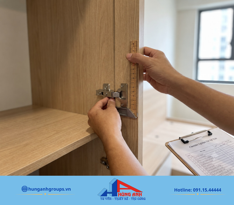 Thi công nội thất nhà cấp 4 hạng mục, chi phí và quy trình Kiểm tra kỹ bản lề, nẹp dán cạnh và độ khít cánh tủ giúp xử lý lỗi trước khi nhận bàn giao.
