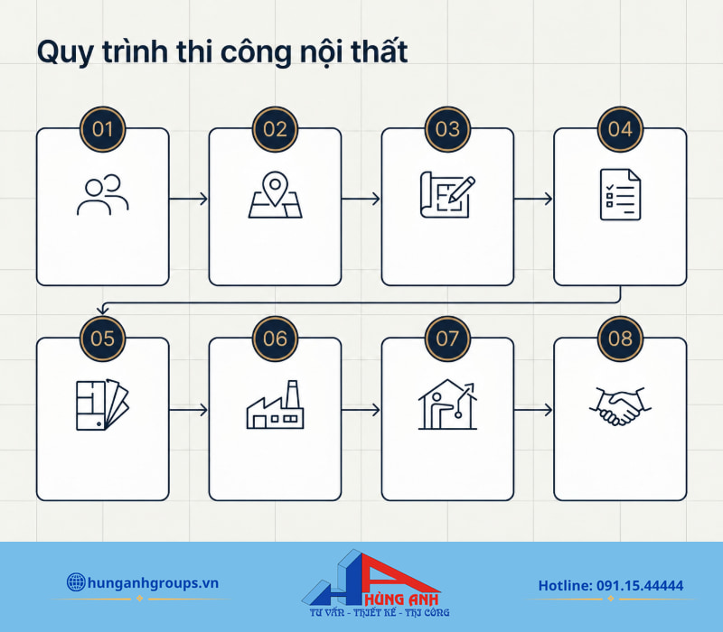 Thi công nội thất trọn gói, hạn chế phát sinh chi phí ẩn Quy trình 8 bước chuẩn hóa giúp kiểm soát chất lượng vật liệu, chi phí và tiến độ thi công.