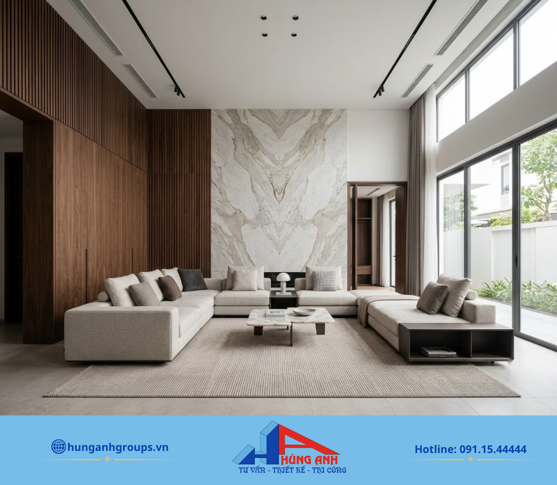 Thi công hoàn thiện phòng khách biệt thự đồng bộ, thể hiện rõ tiêu chuẩn thẩm mỹ và chất lượng.