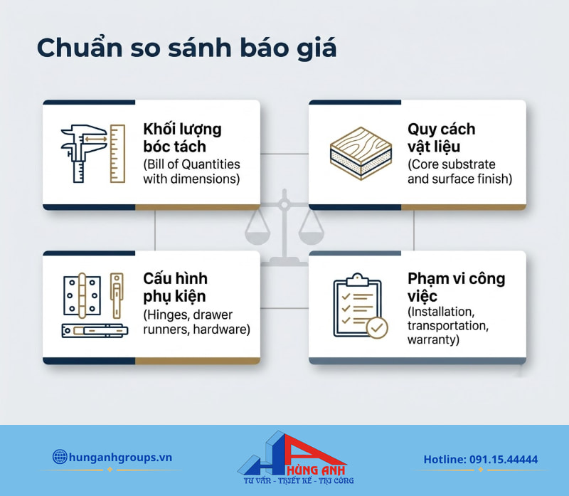 Tiêu chí bóc tách báo giá giúp gia chủ so sánh chuẩn xác chi phí và năng lực giữa các nhà thầu.