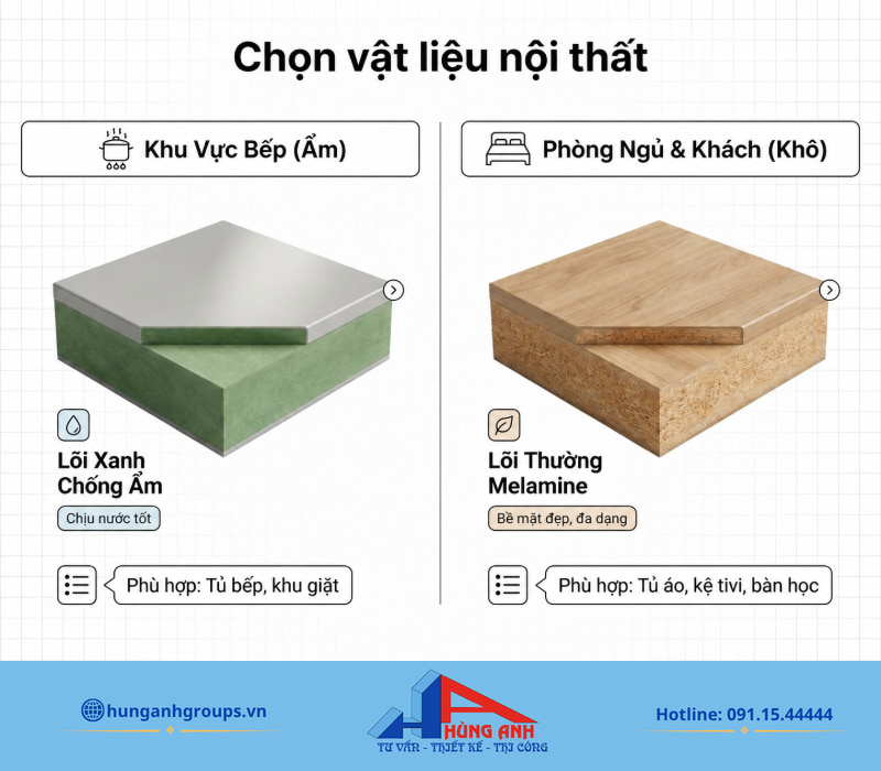 Thi công nội thất nhà cấp 4 hạng mục, chi phí và quy trình Tiêu chuẩn chọn cốt gỗ chống ẩm cho khu bếp và gỗ tiêu chuẩn cho phòng ngủ, phòng khách.