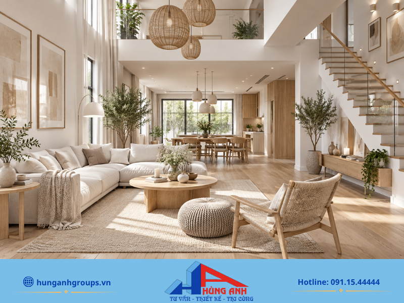 50+ Mẫu Thiết Kế Nội Thất Nhà 4 Tầng Đẹp, Hiện Đại 2026 Vẻ đẹp mộc mạc, ấm cúng của phong cách Bắc Âu với nội thất gỗ sáng màu và cây xanh trang trí.