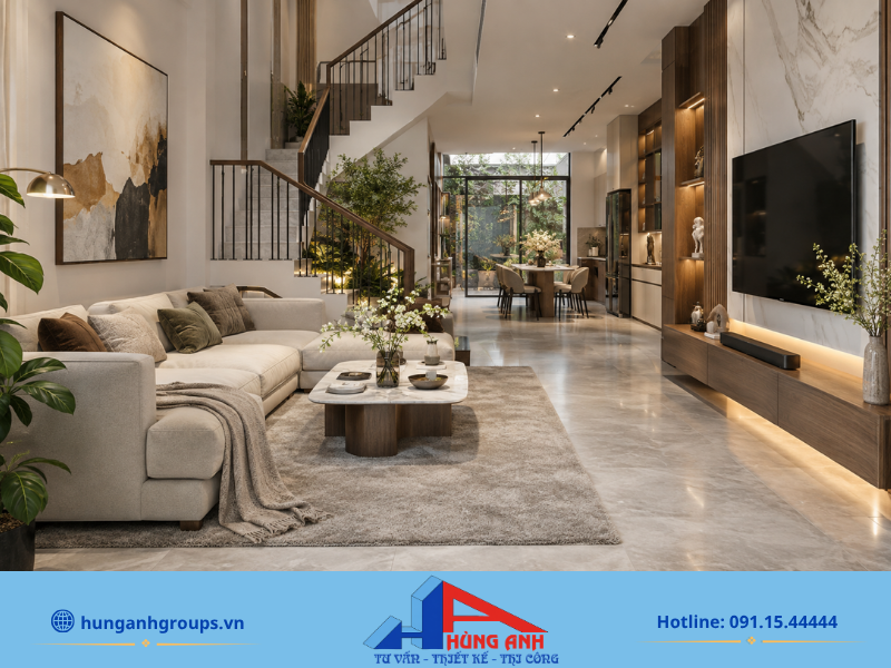 50+ Mẫu Thiết Kế Nội Thất Nhà Liền Kề 2026 Kèm Báo Giá Phòng khách sử dụng sofa chữ L tối ưu góc tường và gam màu trung tính giúp mở rộng không gian.