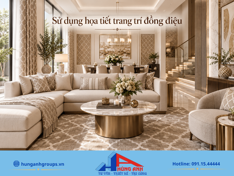 50+ Mẫu Thiết Kế Nội Thất Nhà Liền Kề 2026 Kèm Báo Giá Lựa chọn họa tiết trang trí đồng điệu giúp không gian trở nên tinh tế, đồng nhất và tránh cảm giác rối mắt.