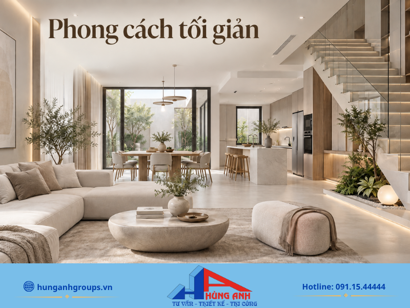 50+ Mẫu Thiết Kế Nội Thất Nhà Liền Kề 2026 Kèm Báo Giá Phong cách tối giản sử dụng các tông màu sáng và đồ nội thất thiết yếu giúp mở rộng không gian thị giác.