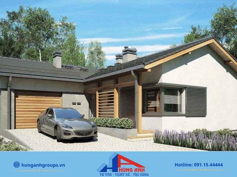 99+ Mẫu nhà cấp 4 chữ L đẹp, hiện đại, tối ưu chi phí 2026 Gara ô tô được tích hợp gọn gàng vào phần khuyết của cấu trúc chữ L