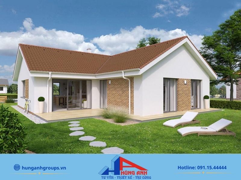 99+ Mẫu nhà cấp 4 chữ L đẹp, hiện đại, tối ưu chi phí 2026 Góc khuyết được tối ưu thành khoảng sân vườn giúp cân bằng hình khối và sinh khí
