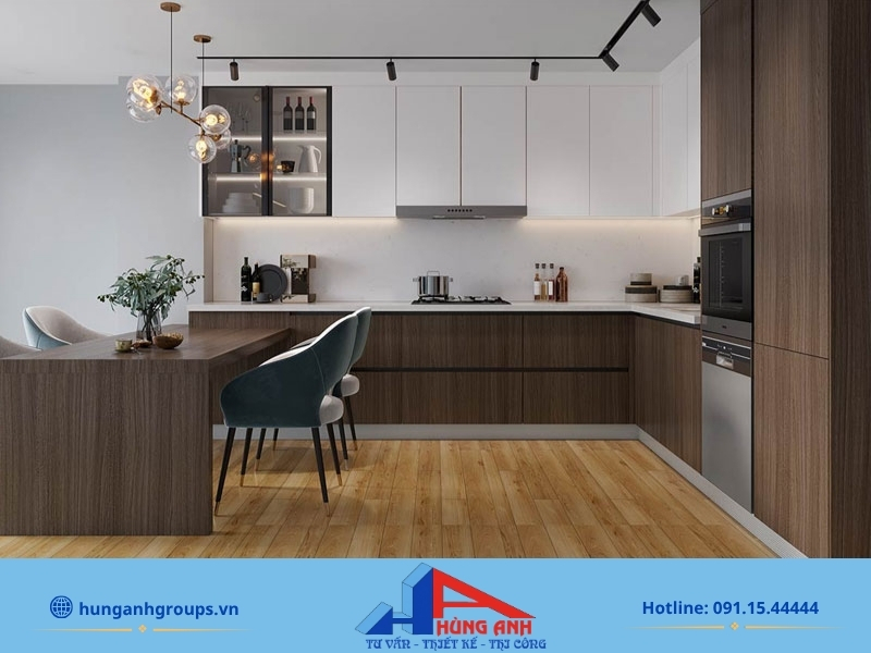 Thiết kế nội thất phòng bếp | 50+ Mẫu 2026 & Bảng giá chuẩn Mẫu thiết kế nhà bếp phong cách hiện đại tối giản với hệ tủ kịch trần không tay nắm