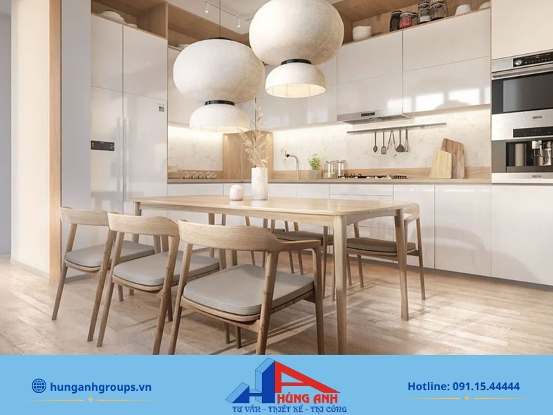 Thiết kế nội thất phòng bếp | 50+ Mẫu 2026 & Bảng giá chuẩn Mẫu thiết kế nội thất phòng bếp scandinavian tông gỗ sồi sáng kết hợp ánh sáng tự nhiên