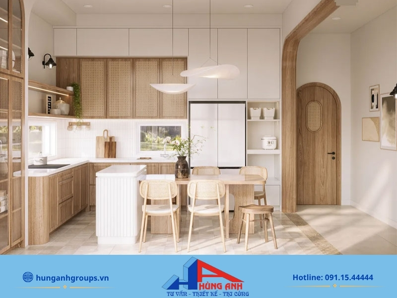 Thiết kế nội thất phòng bếp | 50+ Mẫu 2026 & Bảng giá chuẩn Mẫu thiết kế phòng bếp phong cách wabi sabi đề cao vẻ đẹp nguyên bản của vật liệu thô