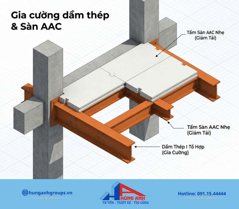 Chi phí cải tạo nhà 2 tầng trọn gói chi tiết từng hạng mục Giải pháp gia cường dầm thép kết hợp sàn nhẹ AAC giúp tăng tải trọng và giảm áp lực lên móng cũ.