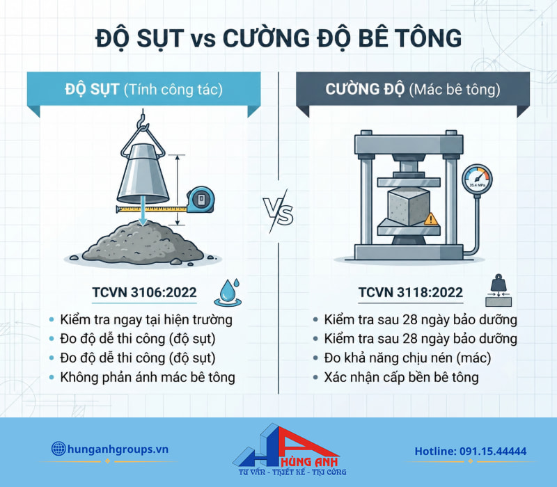 Cách kiểm tra bê tông tươi trước đổ đúng kỹ thuật công trình Độ sụt chỉ phản ánh tính công tác tức thời, không thể thay thế phép thử nén để nghiệm thu mác bê tông.