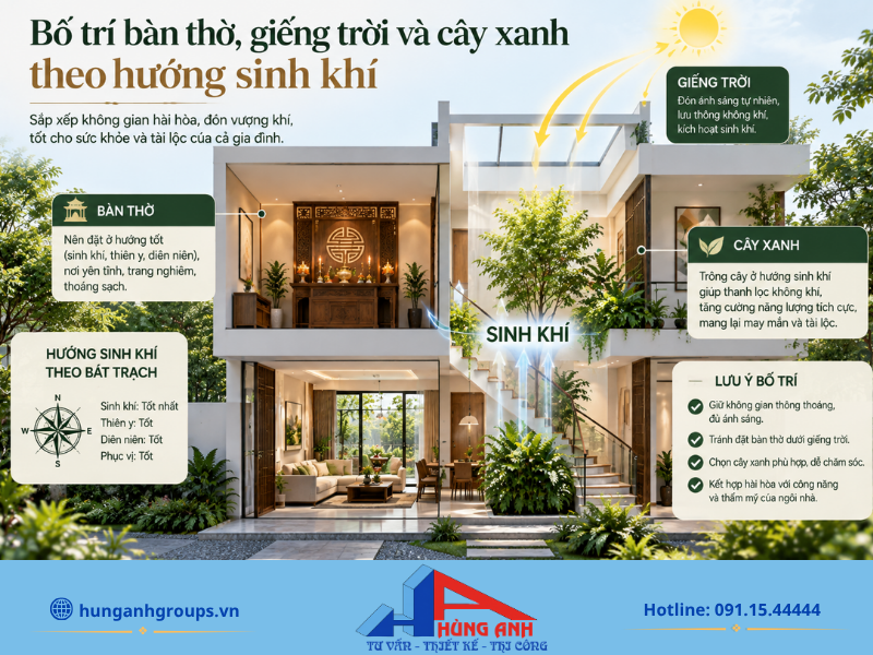 Kết hợp giếng trời và cây xanh tại các hướng vượng khí để tăng cường lưu thông không khí và sinh khí.