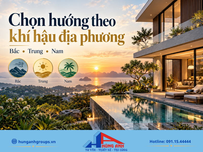 Lựa chọn hướng nhà phù hợp với vi khí hậu từng vùng miền giúp tối ưu hóa thông gió tự nhiên và làm mát.
