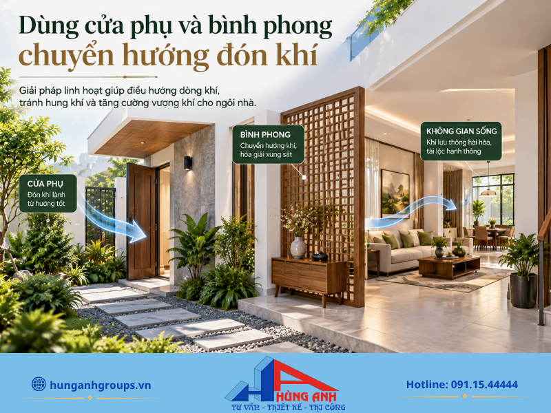 Bố trí bình phong và mở cửa phụ giúp ngăn chặn xung khí trực tiếp và chuyển hướng đón luồng khí tốt vào nhà.