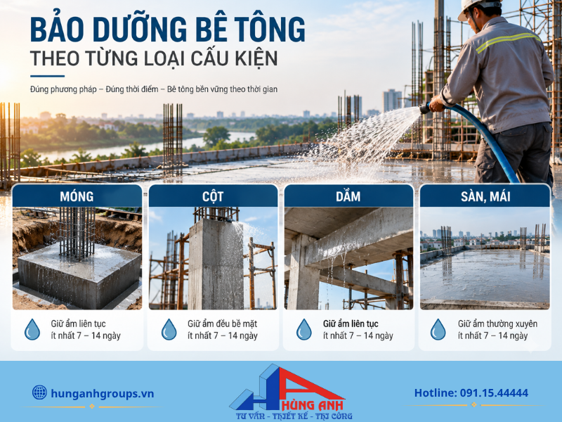 Mỗi loại cấu kiện như móng, dầm, cột hay sàn mái đều có tốc độ mất nước khác nhau và cần áp dụng cách bảo dưỡng, giữ ẩm phù hợp.
