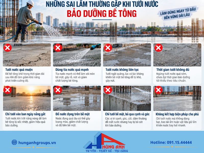 Tránh những sai lầm như dùng vòi áp lực cao xối trực tiếp hoặc ngừng tưới nước quá sớm để không làm bề mặt bê tông bị bở và nứt nẻ.