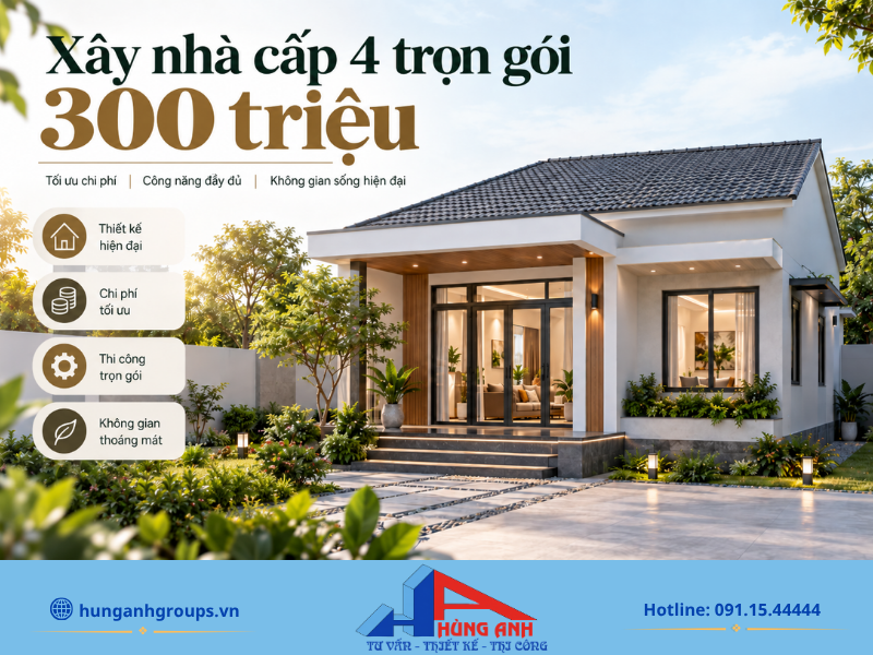 Xây Nhà Cấp 4 Trọn Gói 300 Triệu Bảng Dự Toán & Mẫu Nhà Đẹp Mẫu nhà cấp 4 thiết kế đơn giản, tối ưu công năng với chi phí xây dựng trọn gói chỉ khoảng 300 triệu đồng.