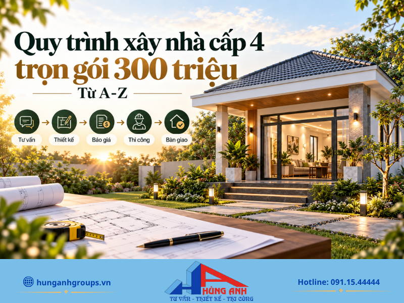 Xây Nhà Cấp 4 Trọn Gói 300 Triệu Bảng Dự Toán & Mẫu Nhà Đẹp Quy trình thi công trọn gói 6 bước chuẩn chỉnh giúp đảm bảo tiến độ, an toàn và chất lượng công trình.
