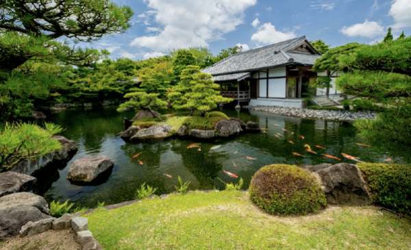 Thiết kế sân vườn kiểu nhật đẹp với hồ cá Koi, đá cuội, bonsai,đèn đá thiết kế sân vườn kiểu nhật