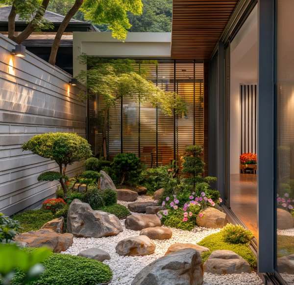 Thiết kế sân vườn kiểu nhật đẹp với hồ cá Koi, đá cuội, bonsai,đèn đá san vuon nhat 5