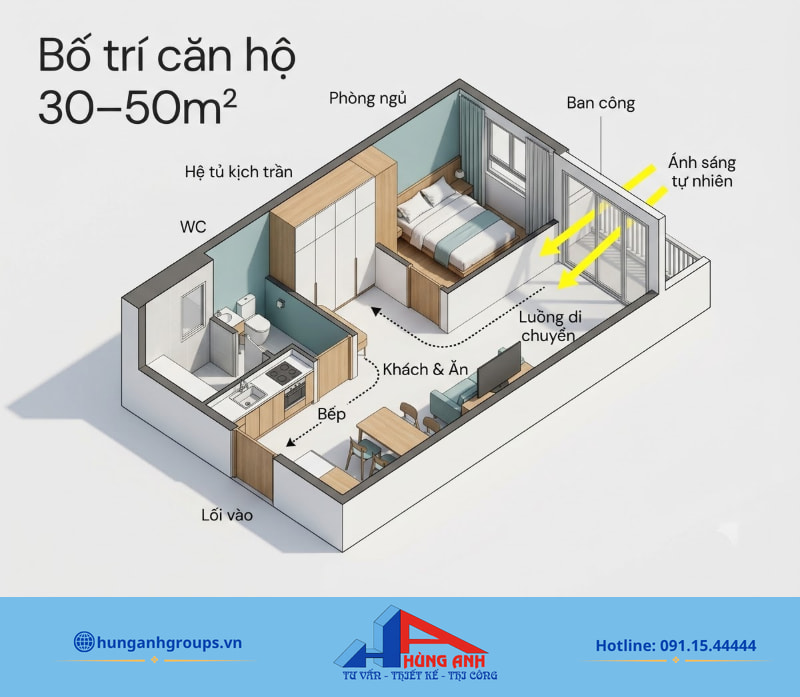 Căn hộ sau cải tạo tận dụng tối đa ánh sáng tự nhiên và mở rộng diện tích sinh hoạt.