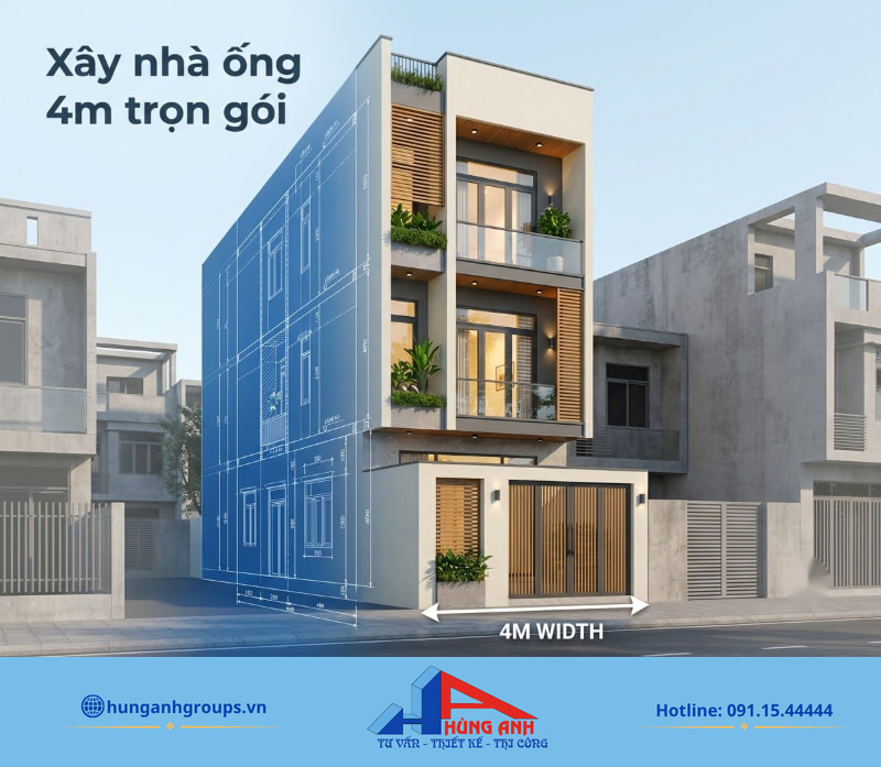 Dịch vụ trọn gói giúp đồng bộ thiết kế, phần thô và hoàn thiện nhà ống 4m theo ngân sách dự kiến.