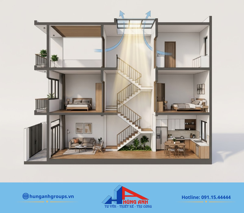 Giếng trời kết hợp phòng khách liền bếp giúp nhà ống 4m lấy sáng và đối lưu gió tự nhiên.