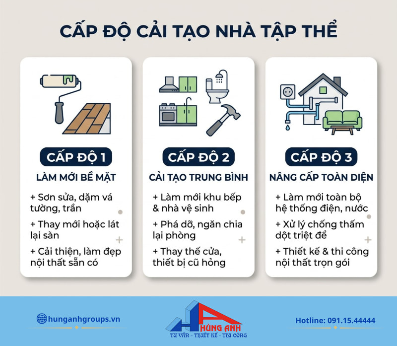 Phân loại 3 cấp độ sửa chữa giúp chủ nhà chọn đúng phương án và kiểm soát ngân sách.