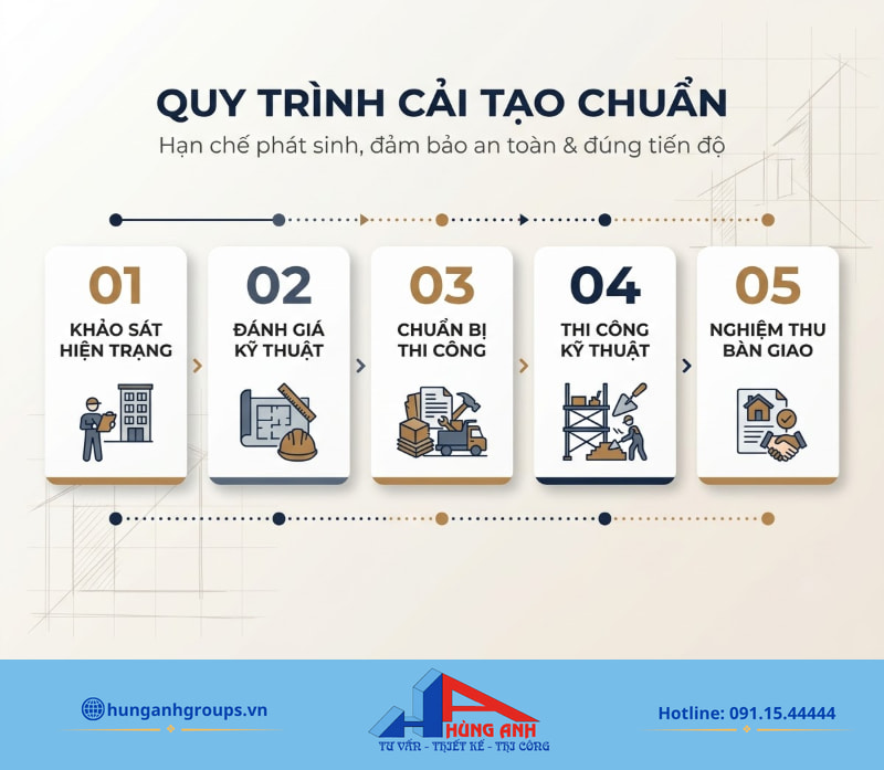 Quy trình thi công bài bản giúp kiểm soát tiến độ và bảo đảm an toàn kết cấu căn hộ.