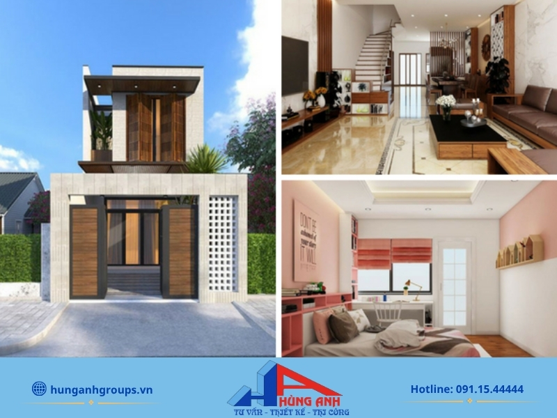 Bố trí không gian nội thất nhà 2 tầng phòng khách liền bếp liên thông tầng 1