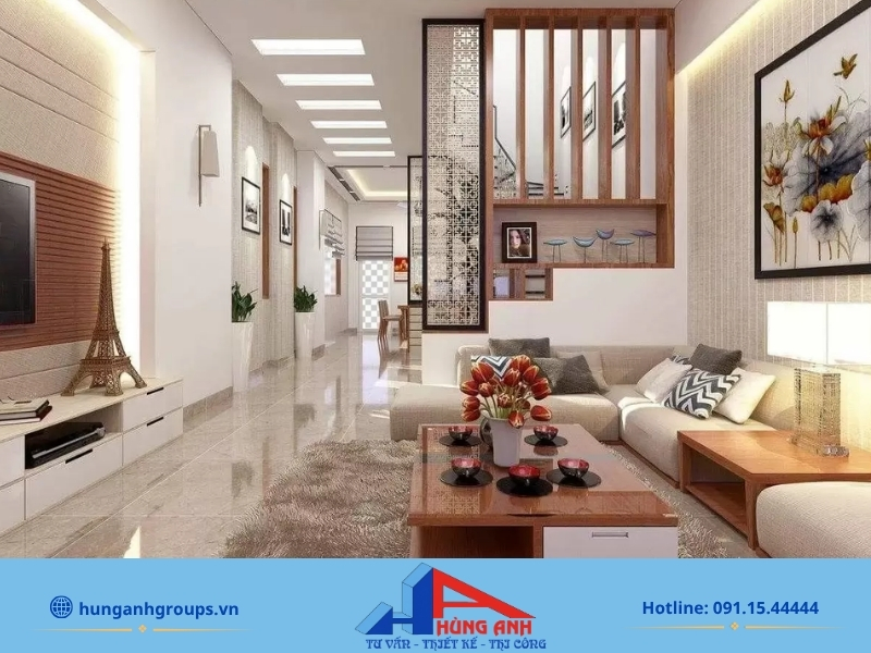 Giải pháp thi công nội thất nhà 2 tầng trọn gói phòng khách nhà phố hiện đại