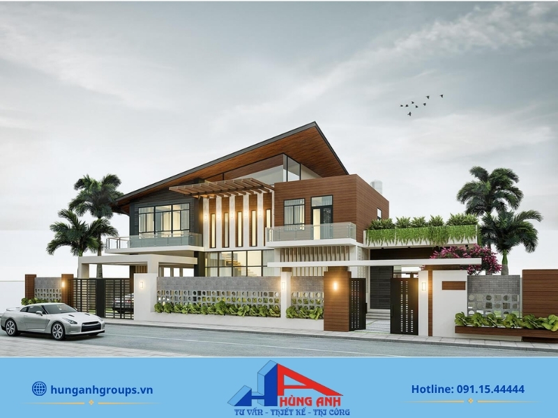 Thiết kế biệt thự 2 tầng tại Hà Nội | Mẫu đẹp, xu hướng 2026 Mẫu thiết kế biệt thự 2 tầng mái lệch kiến trúc phá cách độc đáo
