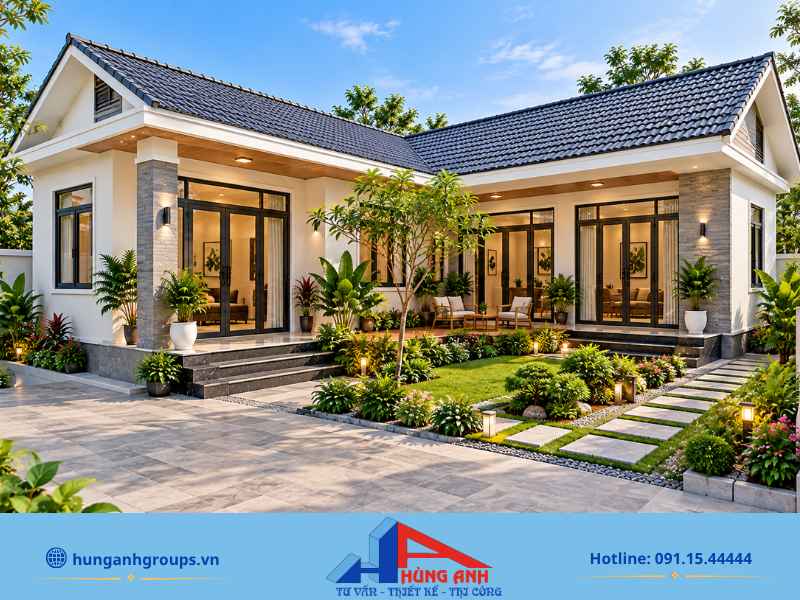 Nhà chữ L linh hoạt trong phân chia công năng, tạo khoảng sân vườn rộng rãi.