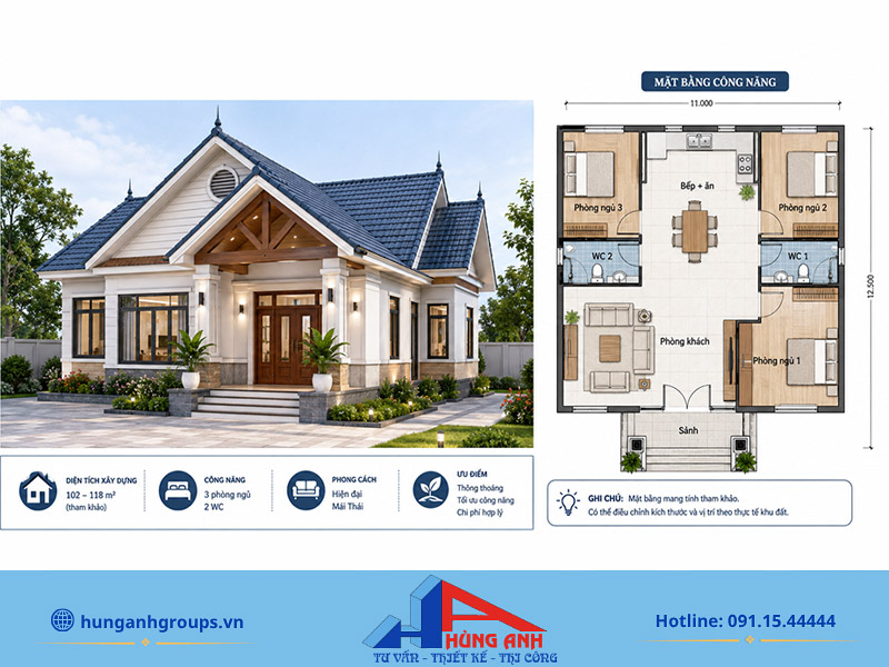 Mẫu thiết kế nhà cấp 4 mái Thái 3 phòng ngủ