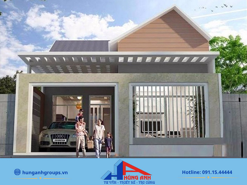 Phối cảnh nhà cấp 4 mái Thái có gara ô tô