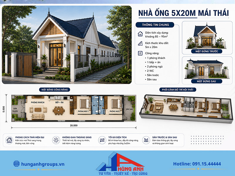 Nhà ống 5x20m làm mái Thái