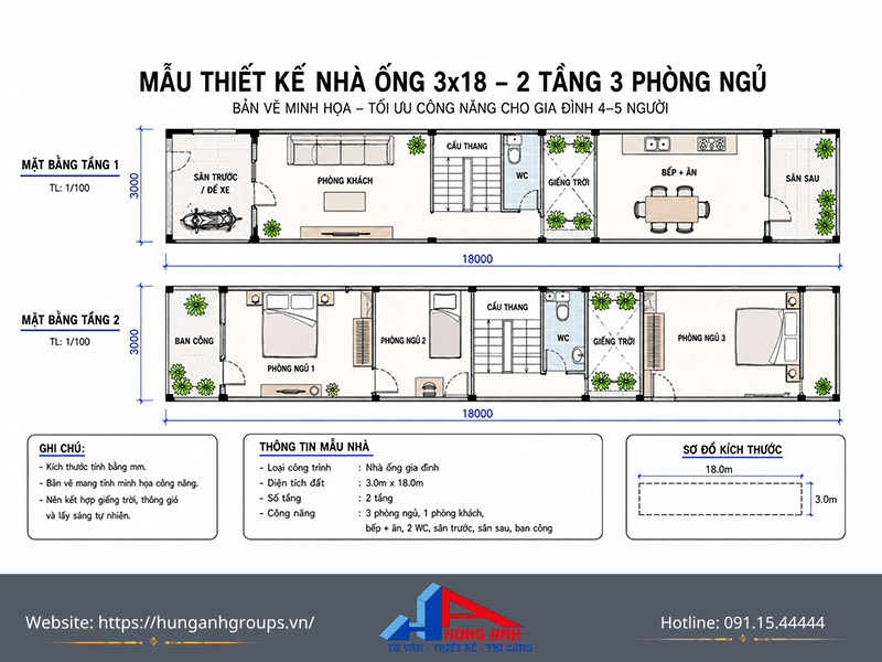 5 thiết kế nhà ống 3x18 ấn tượng phù hợp gia đình 3-5 người Phương án thiết kế nhà ống 3x18 số 1