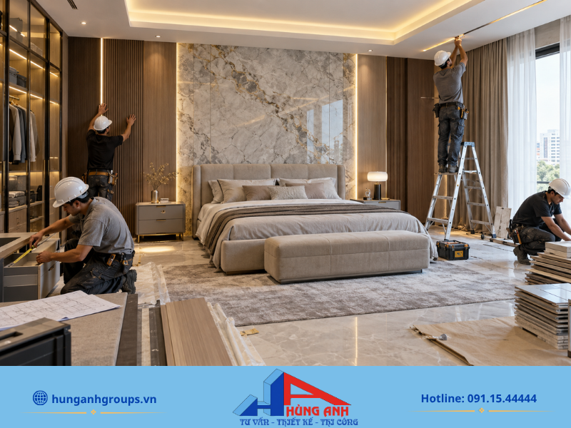 Phòng ngủ sử dụng gam màu trung tính kết hợp nội thất tối giản tạo cảm giác thư giãn sau ngày dài làm việc.