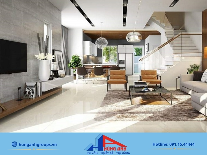 Thiết kế không gian mở phòng khách liên thông bếp cho nhà ống 2 tầng
