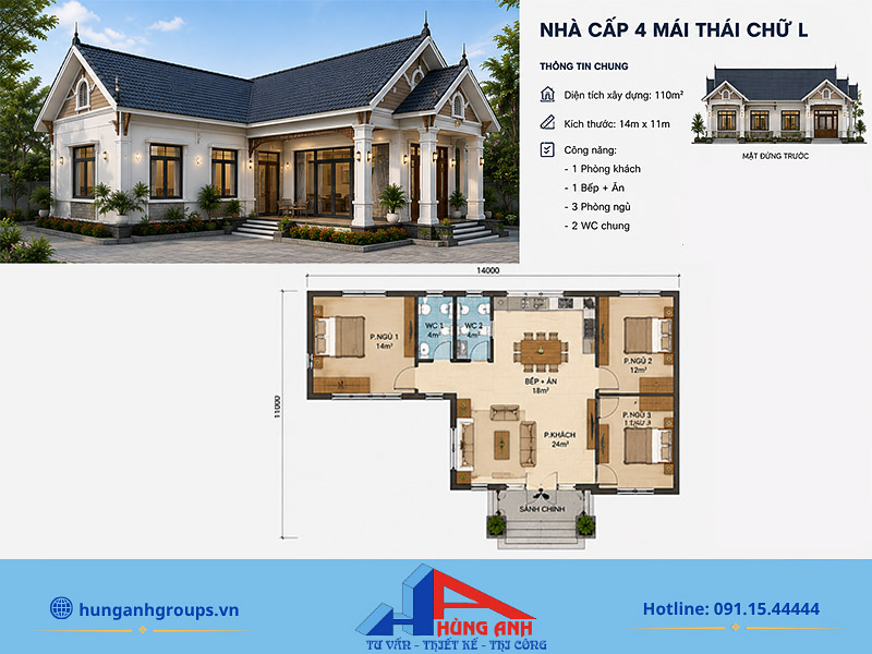 Thiết kế nhà cấp 4 mái Thái chữ L