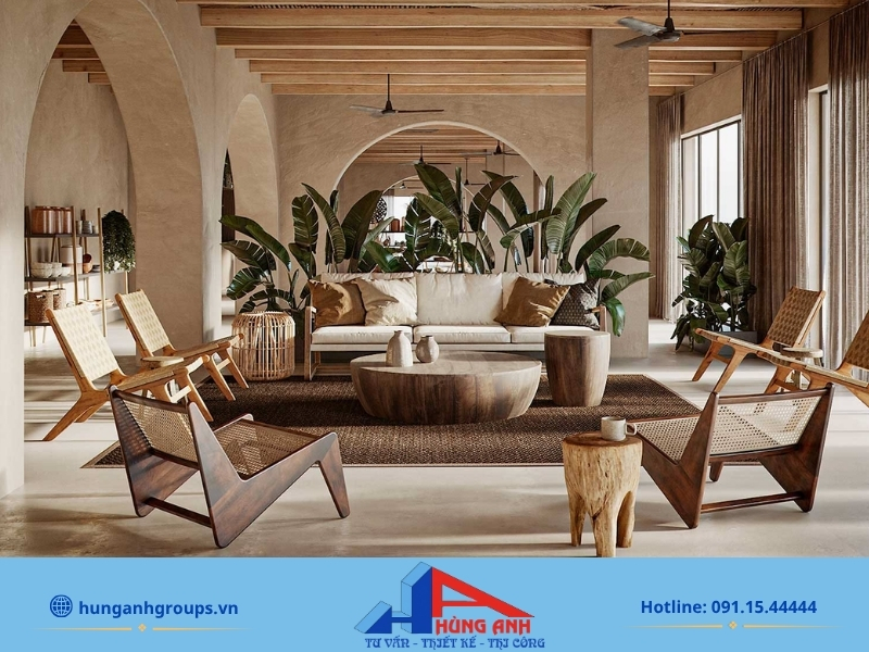 Thiết kế nội thất nhà 2 tầng phong cách Wabi Sabi thô mộc bình yên