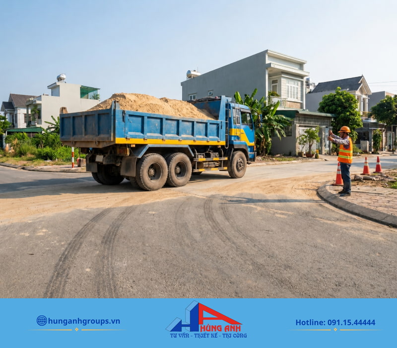 Điều kiện đường vào hạn chế làm tăng số chuyến trung chuyển xe nhỏ, khiến tổng chi phí giao cát chênh lệch.