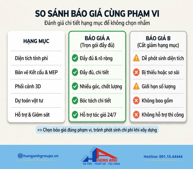 Ma trận đối chiếu chi tiết các hạng mục bản vẽ, giúp gia chủ tránh chọn nhầm báo giá thiếu khối lượng.
