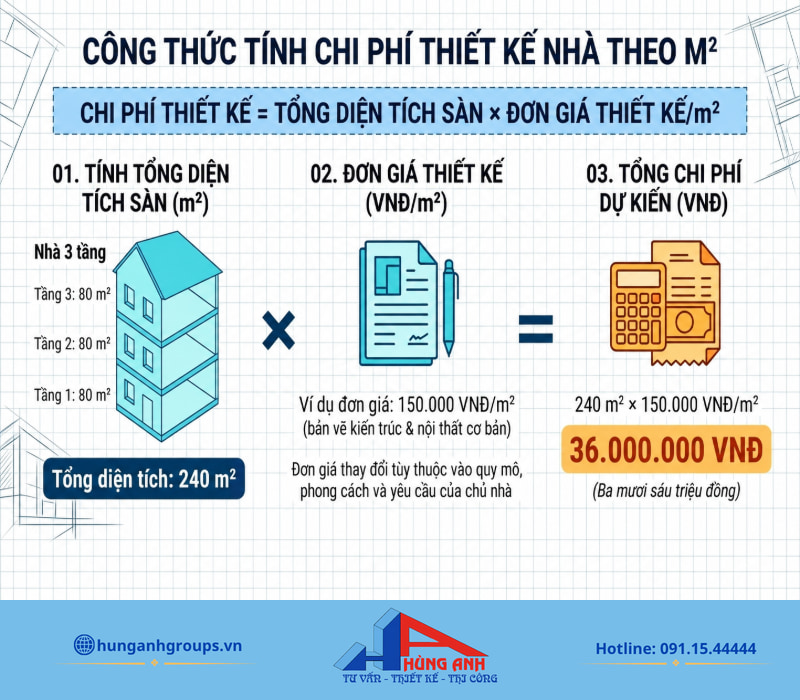 Sơ đồ từng bước quy đổi diện tích thành chi phí thiết kế, giúp gia chủ tự tính ngân sách chuẩn xác.